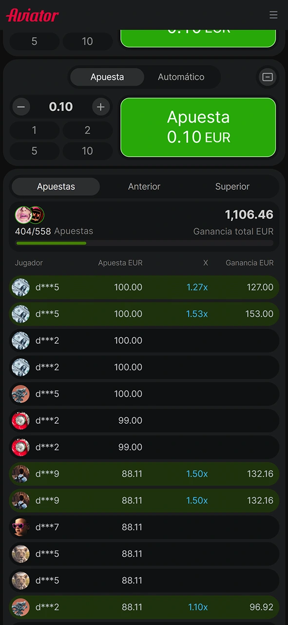 Apuestas de los jugadores del juego Aviator en LocoWin.