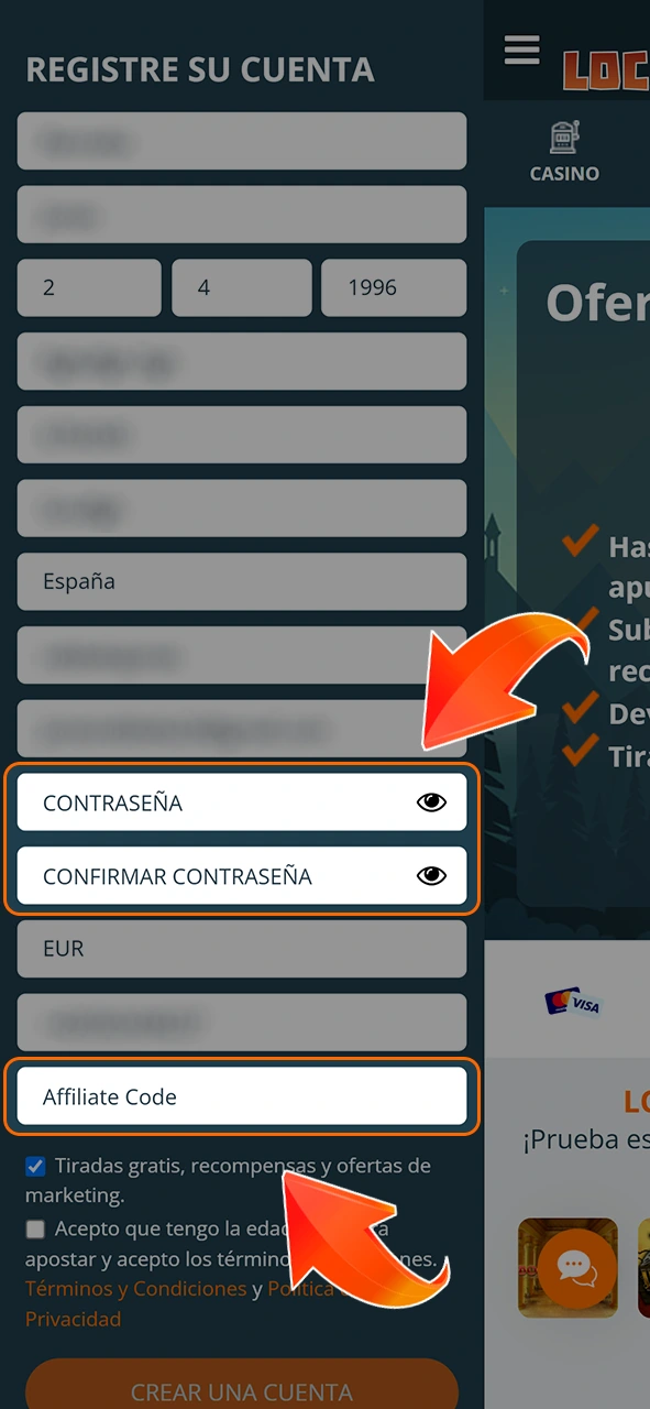 Crea una contraseña e introduce el código de afiliado LocoWin.