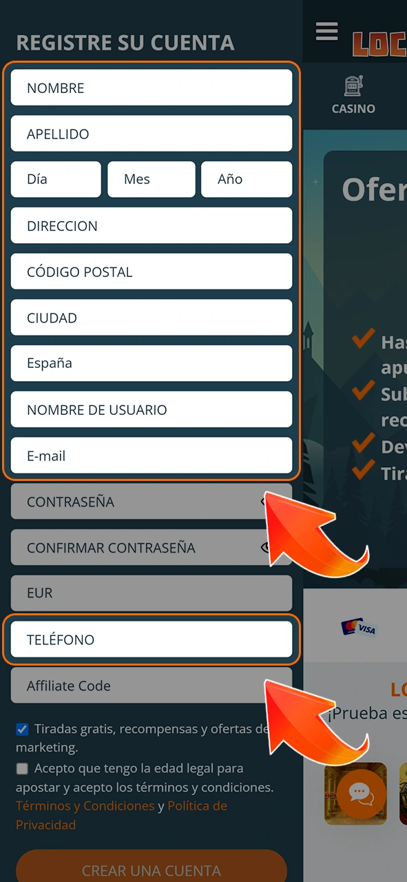 Introduzca los datos en el formulario de registro de LocoWin.
