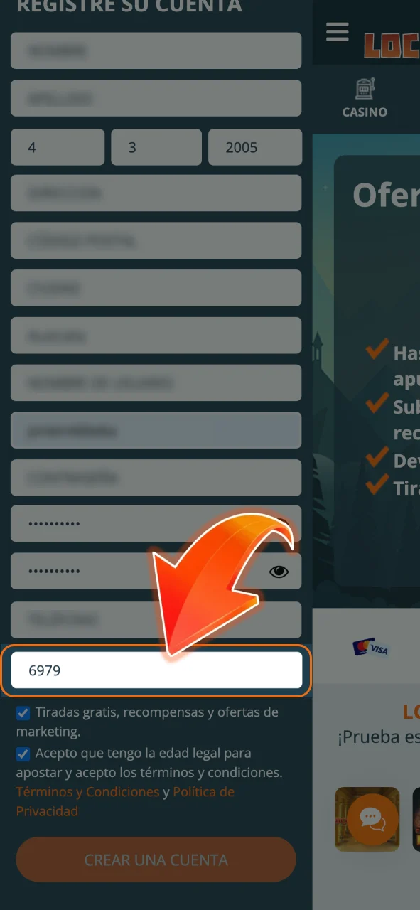Verifica tu número en LocoWin e introduce el código SMS.