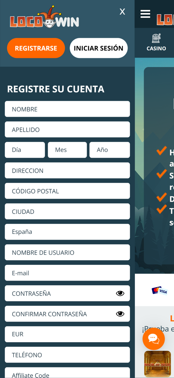 Introduce tus datos en el formulario de registro para abrir tu cuenta en LocoWin fácilmente.